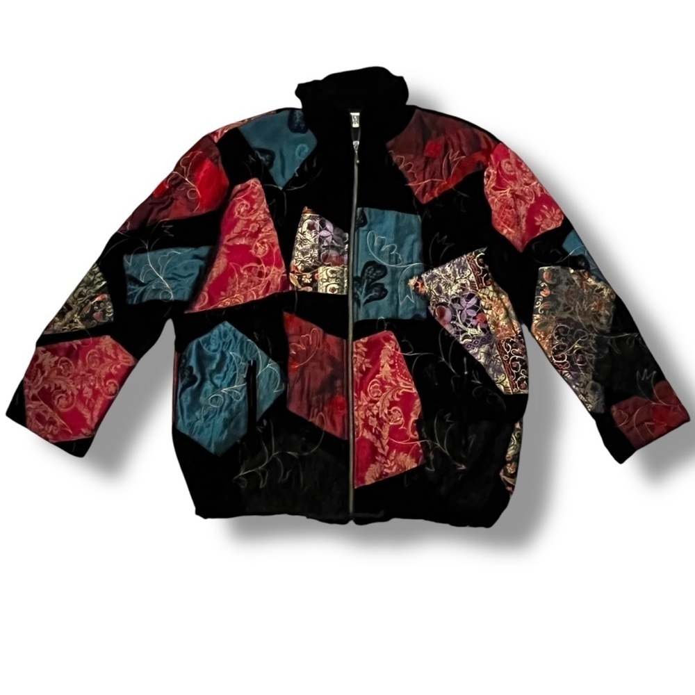 Chicos Velvet Jacket XL Patchwork quilted Full Zip Pockets Artsy Boho vintage